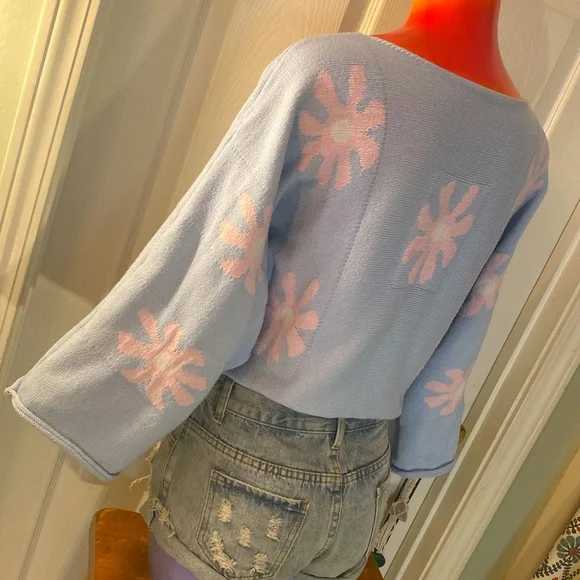 Kawaii Cute Adorable Floral Blue and Pink Knit Sweater - Picture 5 of 12